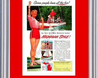 1956 Michigan Water Wonderland Vintage Ad Boating Fishing Vacation Travel 56 *You Choose Frame-Mat Colors-Free USA S&H*
