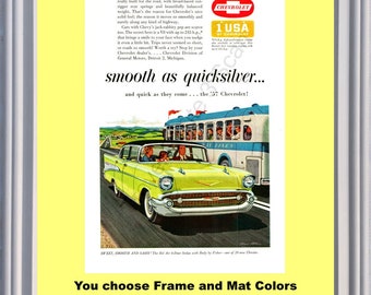 Anuncio vintage del Chevrolet Bel Air de 1957. Chevy 57, suave como el mercurio, suave y atrevido. Autobús chárter. *Puede elegir los colores del marco y la alfombrilla.*