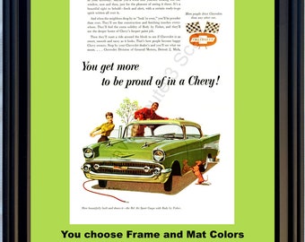 1957 Chevrolet Bel Air Vintage Ad 57 Chevy Tri-Five Sports Coupe 2 Door Hardtop Proud Wash Shine Dachshund *You choose Frame-Mat Colors*