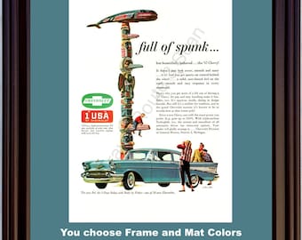 1957 Chevrolet Bel Air Vintage Ad 57 Chevy 2 Door Sedan 57 Chevy Totem Pole Full of Spunk Tourist Travel *You choose Frame-Mat Colors*