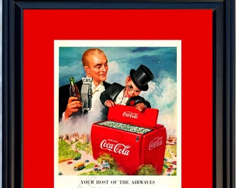 1950 Coca Cola Cooler Vintage Ad Coke Edgar Bergen Charlie McCarthy CBS Highways Worker Drink Main Street 50 *You Choose Frame-Mat Colors*