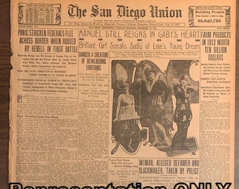 Anuncios vintage de periódicos de más de 100 años de antigüedad de 1913, efímeras, periódicos de San Diego, regalo de cumpleaños y aniversario.