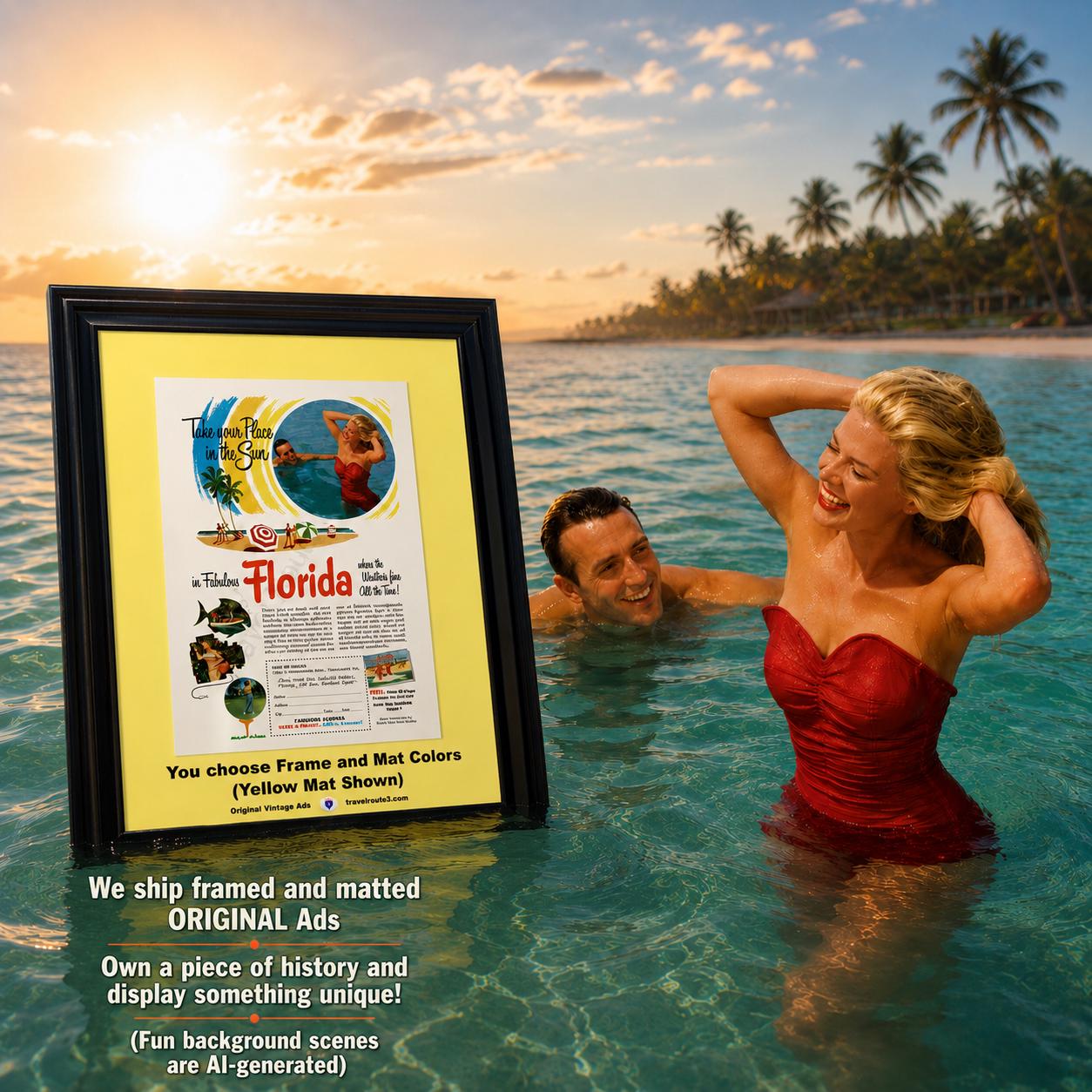 1953 Florida Travel Vacation Framed ORIGINAL Vintage Ad - Sun