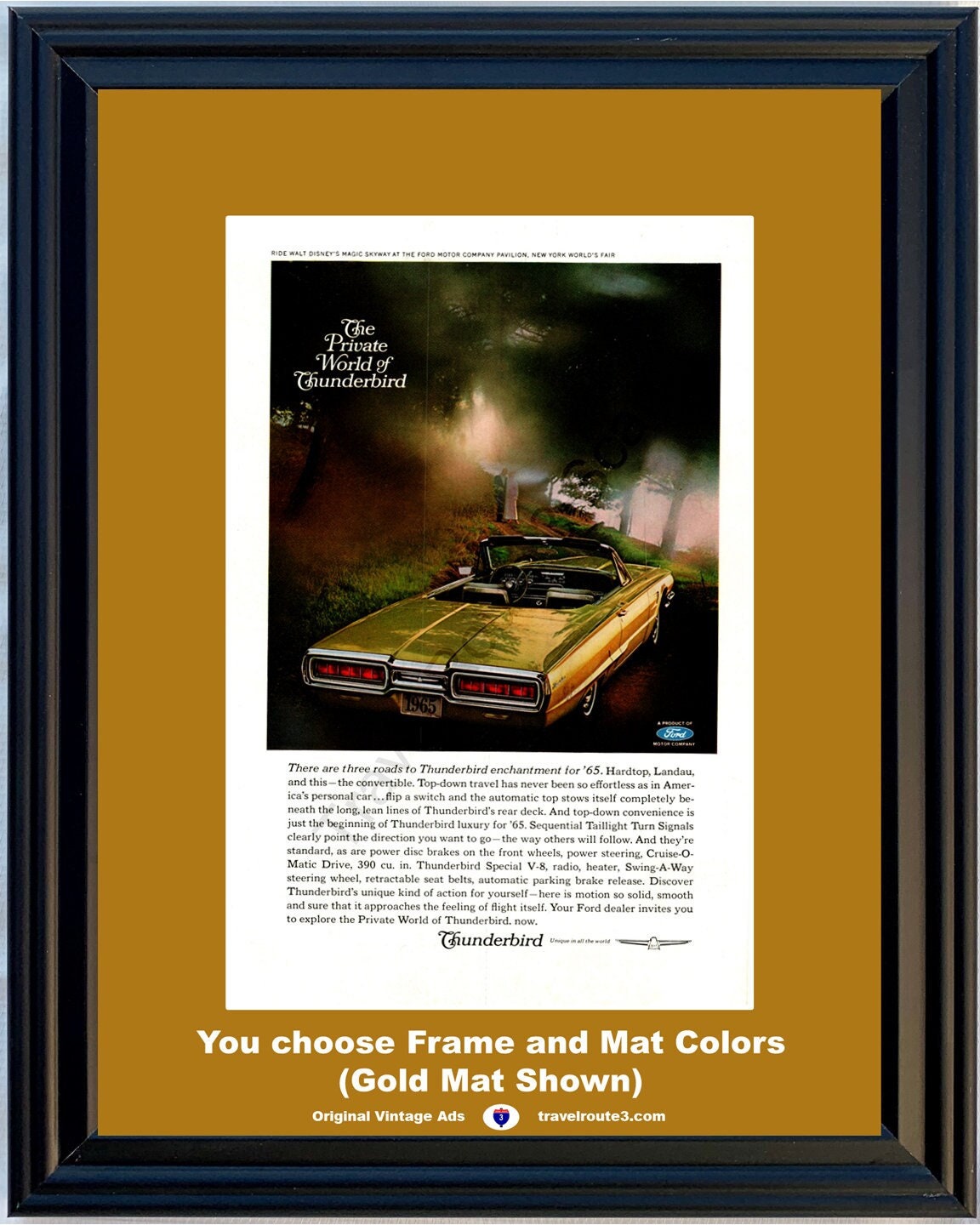 1965 Ford Thunderbird Convertible Vintage Ad 65 TBird T-Bird Walt Disney Magic Skyway New York World's Fair *You Choose Frame-Mat Colors*