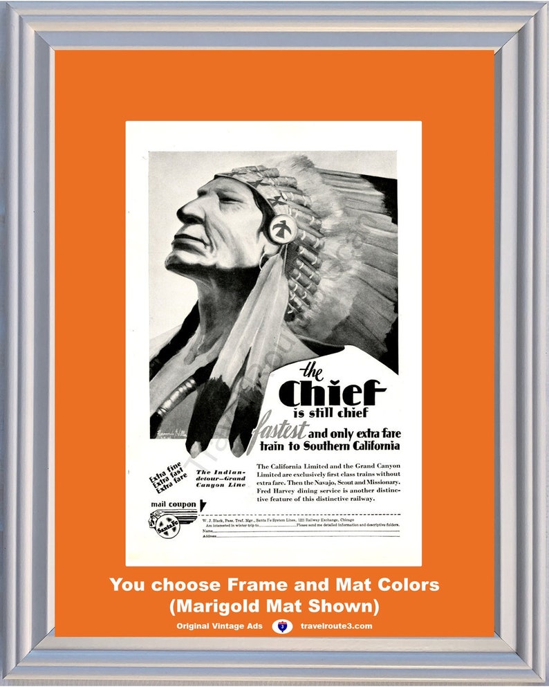 1929 Santa Fe Indian Chief Vintage Ad Grand Canyon Line Train Railroad Southern California Travel Vacation 29 You Choose Frame-Mat Colors image 1