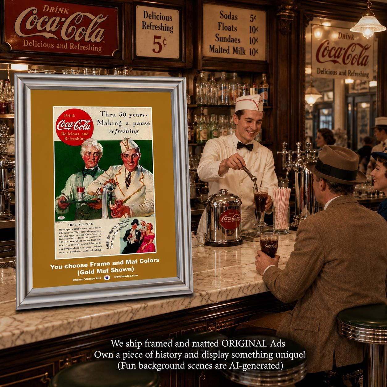 Coca-Cola レトロ調広告 フレーム付き 1936 Coca Cola Soda Fountain 50th Anniversary Framed ORIGINAL