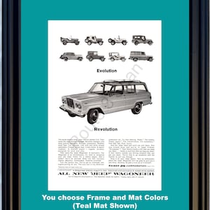 May include: Framed vintage advert for the Jeep Wagoneer, showing a silver station wagon and illustrations of earlier Jeep models. The ad includes the text "Evolution" and "Revolution."