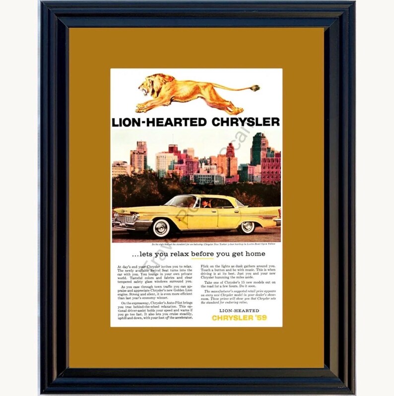 1959 Chrysler New Yorker Framed ORIGINAL Vintage Ad - 59 Lustre-Bond Spun Yellow Lion Hearted *You Choose Frame-Mat Colors-Free USA S&H* image 1