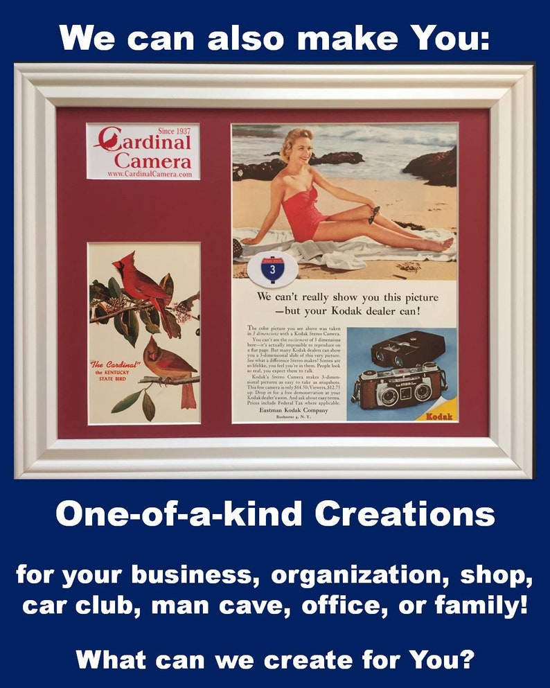 May include: A white framed display featuring a Cardinal Camera logo, a vintage print of two red cardinals, and a Kodak advertisement showing a person in a red swimsuit on a beach with a stereo camera and the text We can't really show you this picture.