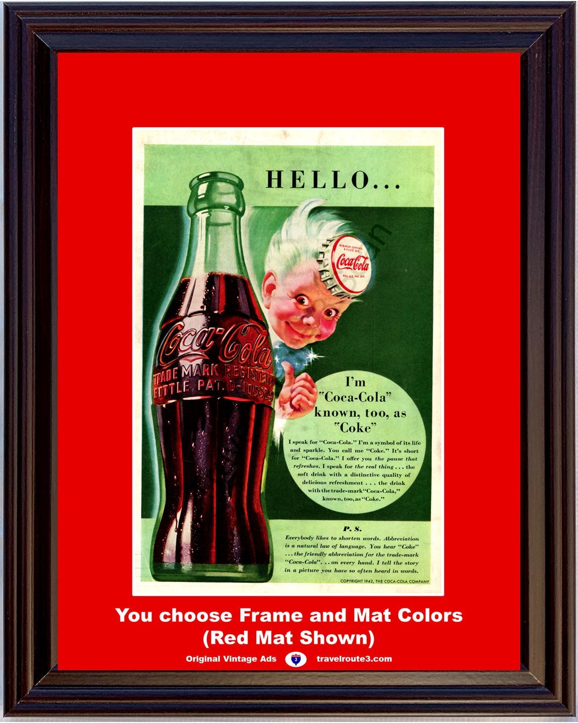 Anuncio vintage de Coca Cola de 1942 Apodo Abreviatura Explicación Lo auténtico Pausa que refresca 42 *Usted elige los colores del paspartú*