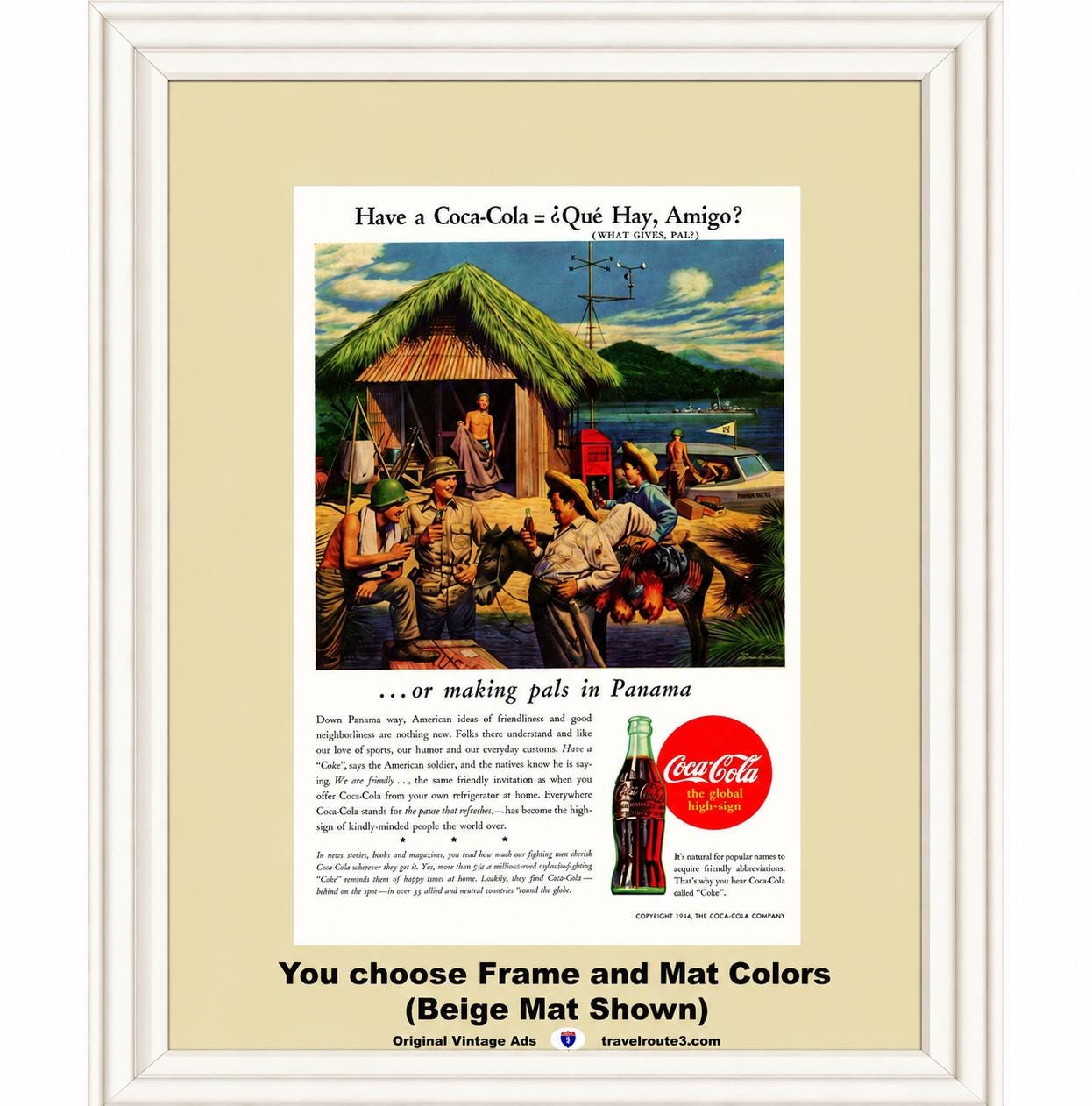 1944 WWII Coca-cola Panama Framed ORIGINAL Vintage Ad - US Army