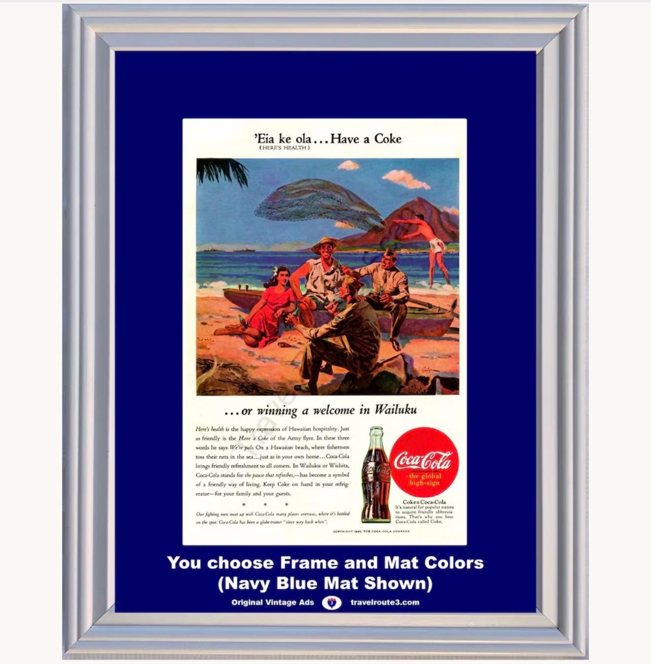 1945 WWII WW2 Hawaii Coca Cola Framed ORIGINAL Vintage Ad - Have a