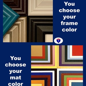 May include: Image showcasing a variety of picture frame corners in teal, brown, beige, and black. The text "You choose your frame color" is displayed. Below, a selection of mat colors is presented with the text "You choose your mat color".