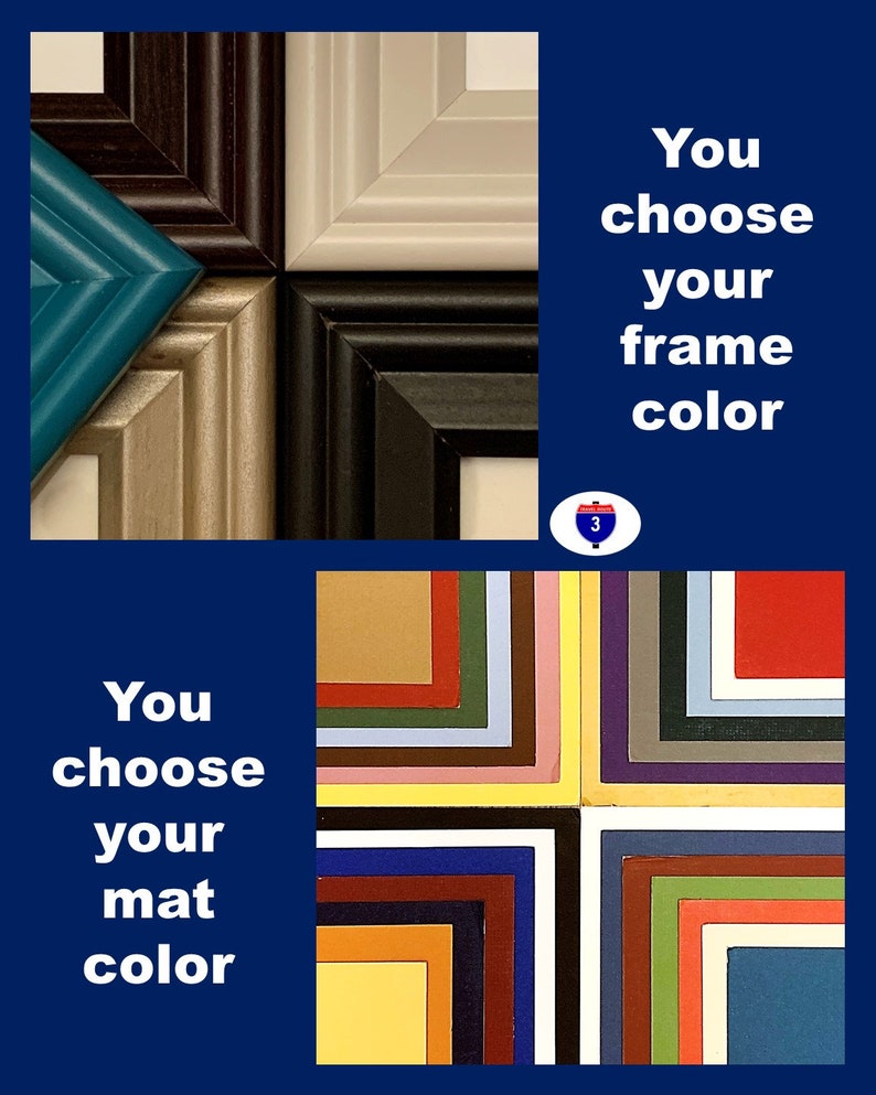 May include: Image showcasing a variety of picture frame corners in teal, brown, beige, and black. The text "You choose your frame color" is displayed. Below, a selection of mat colors is presented with the text "You choose your mat color".