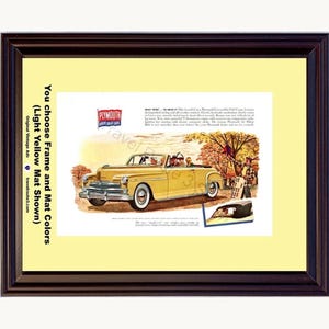May include: A framed vintage advertisement featuring a yellow Plymouth convertible car in an outdoor setting. The print includes the Plymouth logo, descriptive text, and a smaller inset image of the car top. The advertisement is set within a light yellow mat and a dark brown frame.