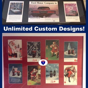 May include: Framed vintage advertisements, including Ford Motor Company and Coca-Cola Santa Claus images. The top frame features car ads, while the bottom frame showcases Coca-Cola holiday-themed artwork. Text includes "We can also make You:" and "Unlimited Custom Designs!"