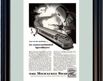 1946 Milwaukee Road Vintage Ad Railroad Train Speedliner Lasser Olympian Hiawatha 46 *Keuze kleuren framemat*