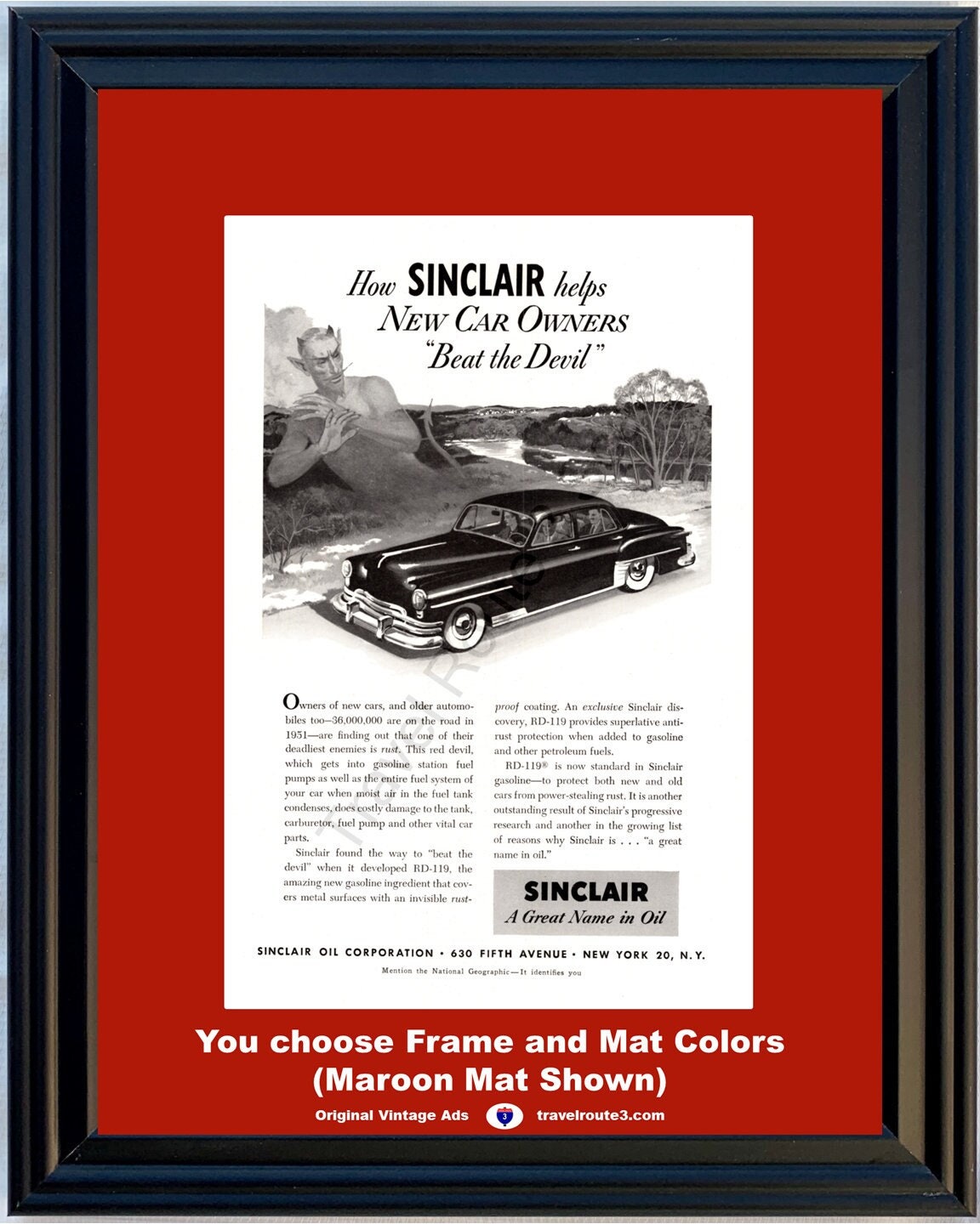 1951 Sinclair Oil Beat the Devil Vintage Ad Car Automobile Gas Station Red RD-119 Rust Proof Coating 51 *You Choose Frame-Mat Colors*