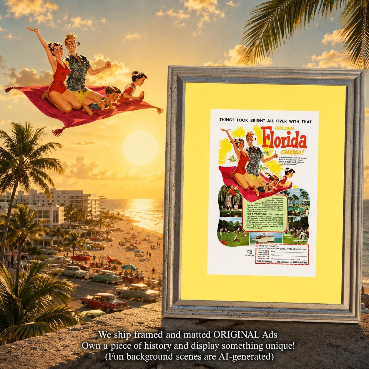 1955 Florida Family Magic Flying Carpet Framed ORIGINAL Vintage Ad