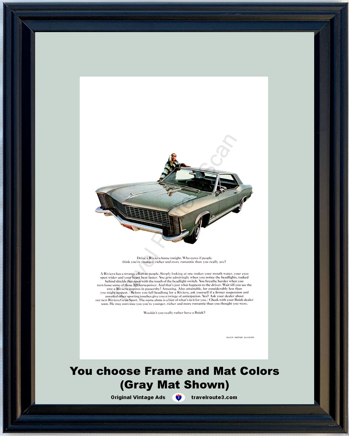 Anuncio vintage del Buick Riviera de 1965: más joven, más rico, más romántico. *Puedes elegir los colores del marco y el paspartú*
