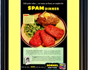 Anuncio vintage de la Segunda Guerra Mundial de Spam de 1943 Segunda Guerra Mundial Fox Hole Feliz Año Nuevo Hormel Marines de EE. UU. Comida del Pacífico Sur 43 *Usted elige los colores del marco y el tapete*