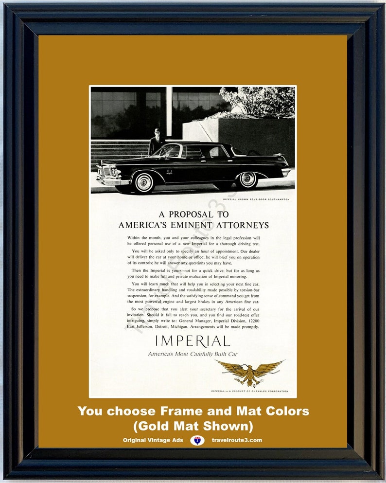 1962 Chrysler Imperial Vintage Ad America's Eminent Attorneys Test Drive Crown Four 4 Door Southampton 62 You Choose Frame-Mat Colors image 1