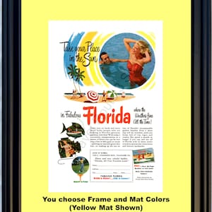 Anúncio vintage de viagem e férias na Flórida de 1953, sol, estado do sol, clima fabuloso, praia, pesca, golfe, natação, 53 *Você escolhe as cores da moldura*