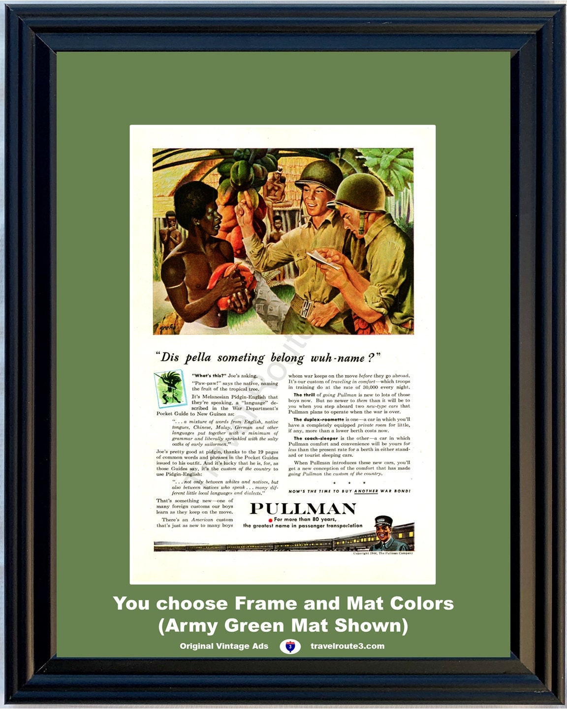 1944 WWII WW2 Pidgin Engelse vintage advertentie Tweede Wereldoorlog 2 New Guinea Pullman Railroad Railway Train Melanesian 44 *U kiest de kleuren lijstmat*