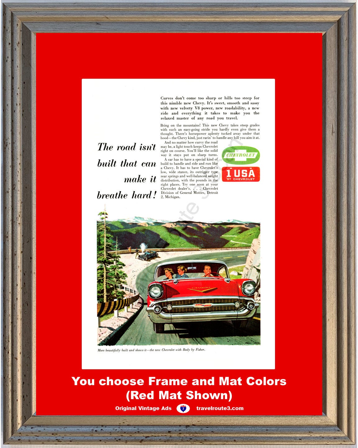 1957 Chevrolet Chevy Vintage Ad 57 Tri-Five Performance Curves Hills Mountain Steep Climb Acceleration *You choose Frame-Mat Colors*