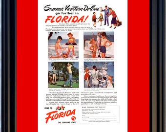 1948 Florida Summer Family Vacation Vintage Ad Travel Beach Fishing Golfing Sightseeing The Sunshine State 48 *You Choose Frame-Mat Colors*