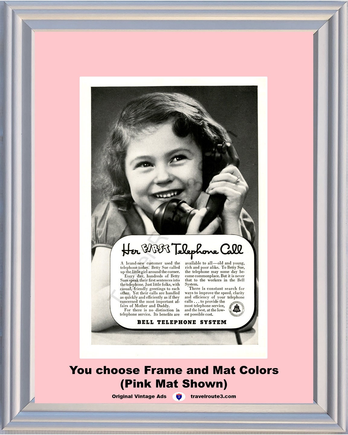 ヴィンテージ広告 Bell Telephone 女の子 レトロ 額入 1937 Little Girl Telephone Call Vintage Ad Her First Brand New