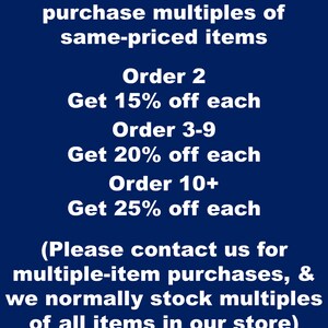 May include: A navy blue graphic with white text promoting savings on multiple purchases. The text states discounts of 15%, 20%, and 25% off for orders of 2, 3-9, and 10+ items, respectively. A small logo with the number 3 is at the bottom.