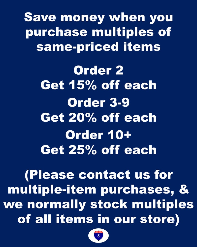 May include: A navy blue graphic with white text promoting savings on multiple purchases. The text states discounts of 15%, 20%, and 25% off for orders of 2, 3-9, and 10+ items, respectively. A small logo with the number 3 is at the bottom.
