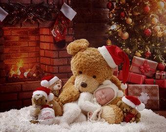 PSD & JPG Christmas with the bear family, digital background, digital backdrop, with special Set of Brush for Photoshop