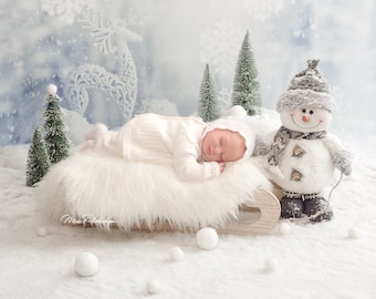 PSD & JPG Christmas Snowman Sled Winter Digital Background, Newborn Digital Backdrop, with special Set of Brush for Photoshop