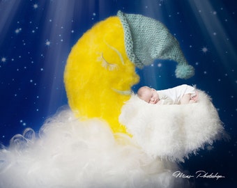 PSD & JPG Moon Starry Sky Digital Background, Newborn Digital Backdrop, with special Set of Brush for Photoshop