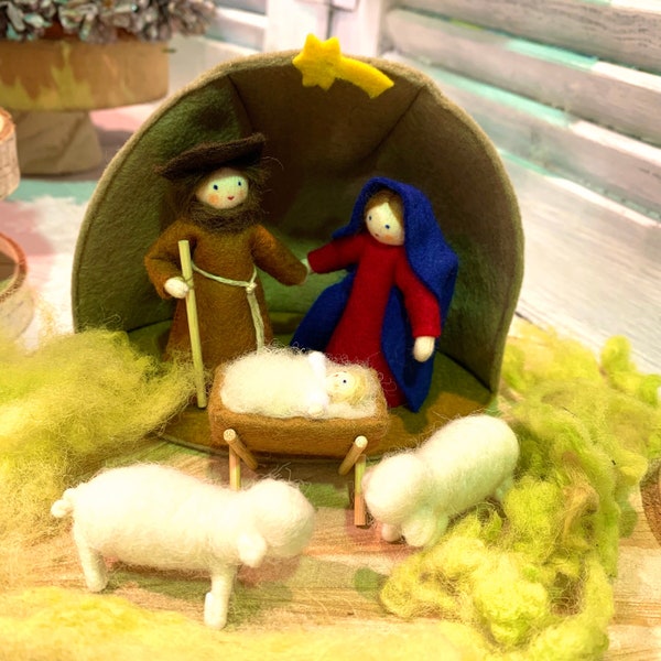 Krippe aus Filz, Jahreszeitentisch Weihnachten, Weihnachtskrippe, Maria, Josef, Jesuskind, Schafe