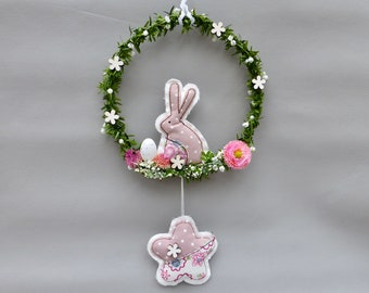 Fenêtre de décoration de Pâques, couronne rose avec lapin de Pâques, décoration de fenêtre, cadeau au printemps