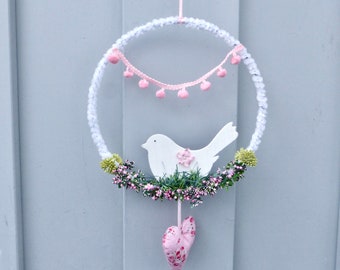 Décoration de fenêtre, couronne de porte, couronne de porte avec oiseau et cœur, cadeau au printemps