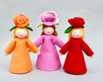 Rose flower child for the seasonal table in summer, felt doll, seasonal decoration figure