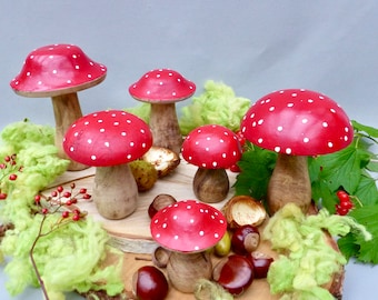 Wooden toadstool, autumn decorative mushroom, seasonal decoration, seasonal table
