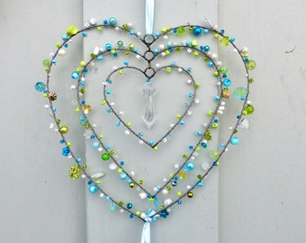 Couronne de porte de décoration de fenêtre de coeur scintillant, turquoise, vert, coeur de perle décoratif en fil de fer