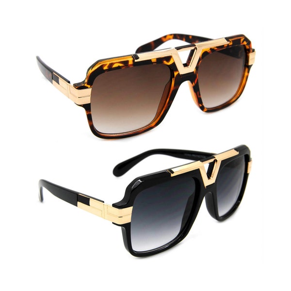 Square Sunglasses Men Gafas de Sol | Black & Brown Gradient Lens | Fashion Hip Hop Retro Frame with Gold Accent