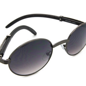 Retro Oval Men Sunglasses Nerd Gafas de Sol | Black Frame Wood Temple | Gradient Lens Shades | Unique Lentes | Sophisticated Look Espejuelos
