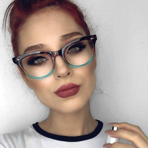 Clear Lens Women Sunglasses Cateye Vintage Frame Brown Tortoise Blue Bottom Eyeglasses Retro Gafas 90s Lentes