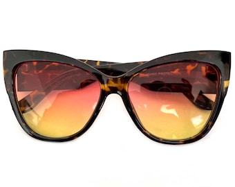 Cateye Oversize Sunglasses Women Gafas de Sol | Pink & Yellow Lens Brown Plastic Retro Frame | Fashion Shades UV400