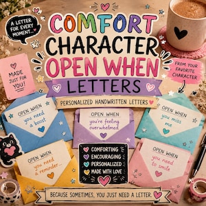 May include: A set of colorful envelopes and cards labeled Comfort Character Open When Letters. The cards feature text such as Open When you need a boost, you're feeling overwhelmed, you miss me, you need a reminder, and you need to smile.