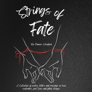 May include: A book cover with the title "Strings of Fate" in white script on a black background. The cover features a line drawing of two hands connected by red strings, with the author's name and a description of the book's contents.