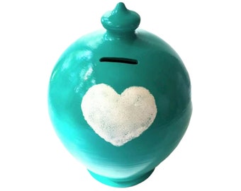 Piggy bank turquoise white heart openable or to smash money box coin bank newborn nursery decor christening gift italian ceramic pottery