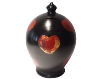 Salvadanaio in ceramica, salvadanaio frangibile, salvadanaio per adulti, grande salvadanaio gotico, salvadanaio con fondi, cuori neri, rossi e oro, salvadanaio per adulti